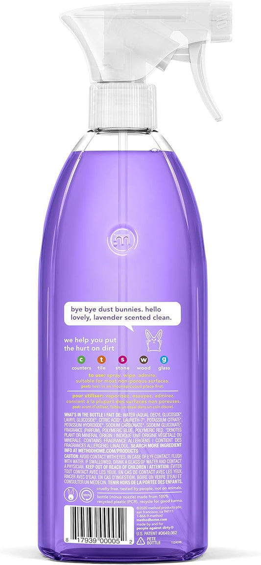 Method All-Purpose Cleaner Spray, French Lavender, Plant-Based and Biodegradable Formula Perfect for Most Counters, Tiles and More, 28 Fl Oz, (Pack