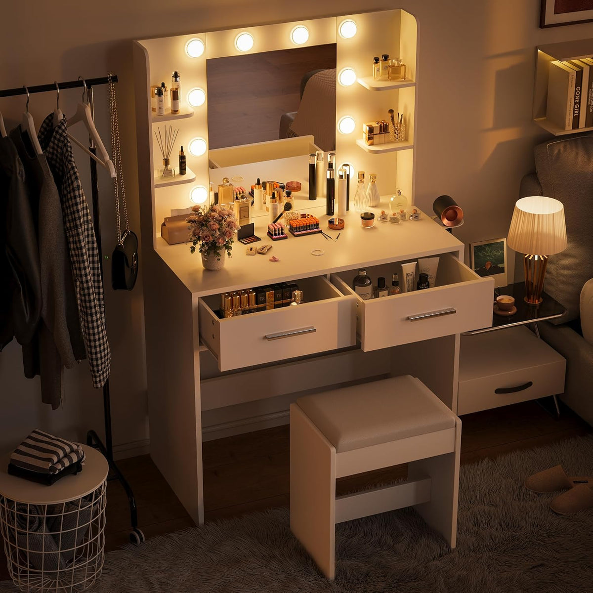 Furmax Make up Vanity Desk with Mirror and Power Outlet, Vanity with 3 Color Light Options Adjustable Brightness,Vanity Desk with 2 Drawers, 6