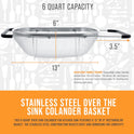 U.S. Kitchen Supply Stainless Steel Colander Strainer - 6-Quart Collapsible Colander with Expandable Rubber Handles - Rectangular Sieve, Fine Mesh