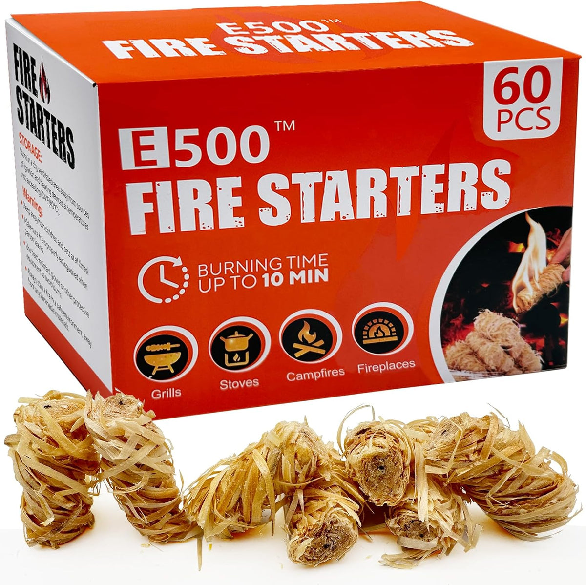 E500 Fire Starter - Natural Fire Starters for Fireplace, Campfires, Chimney, BBQ, Fire Pit & Wood Fireplace - 60 Pack Odorless Pine Firestarter