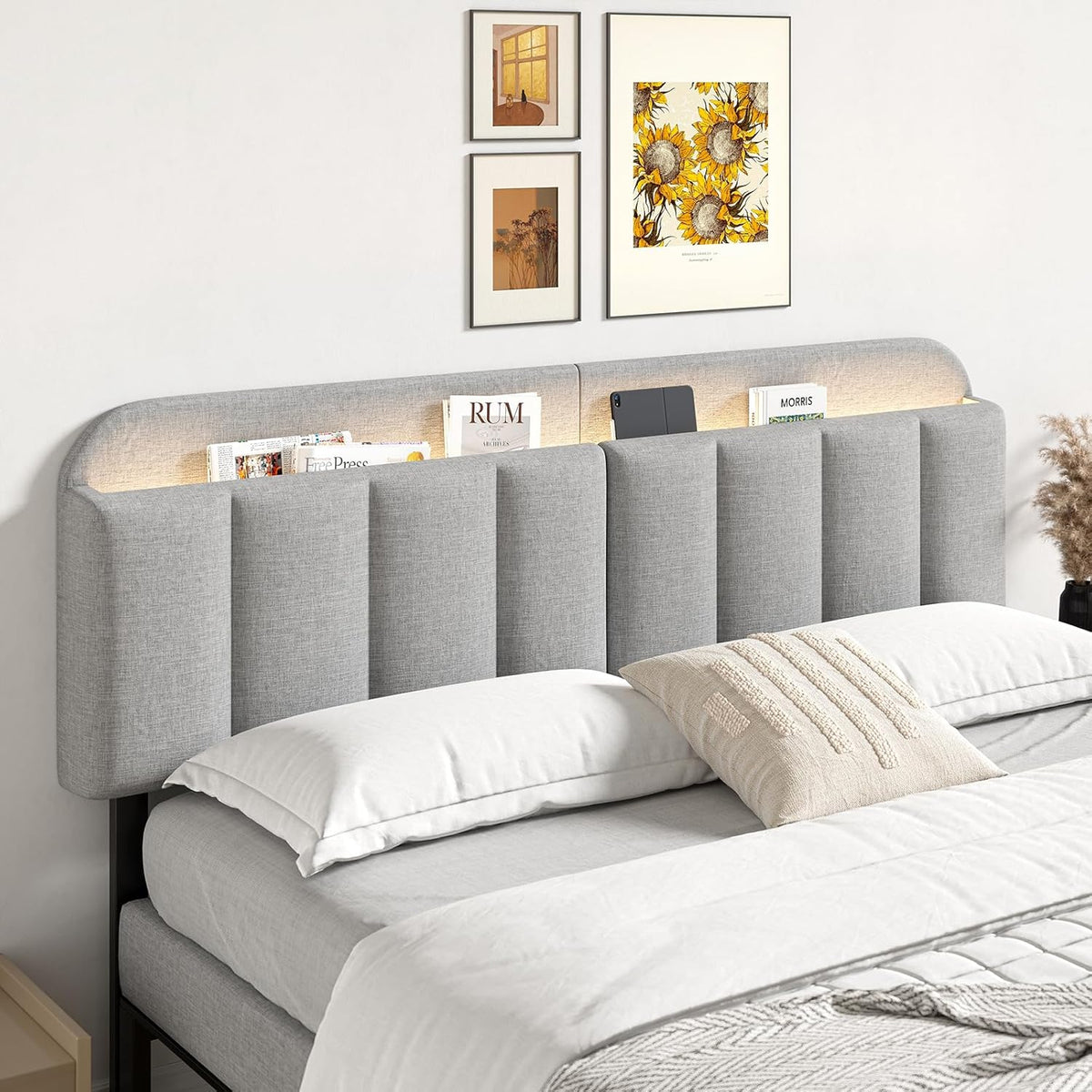 ONBRILL Adjustable Headboard for King/California King Size Bed Frame, Linen Fabric Bed Headboard with Storage & RGB LED Light in Modern Vertical