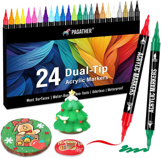 24 Colors Acrylic Paint Markers, Dual Tip with Fine Tip and Brush Tip Pens for Stone, Wood, Calligraphy, Canvas, Ceramic, Metal, Glass, Rock
