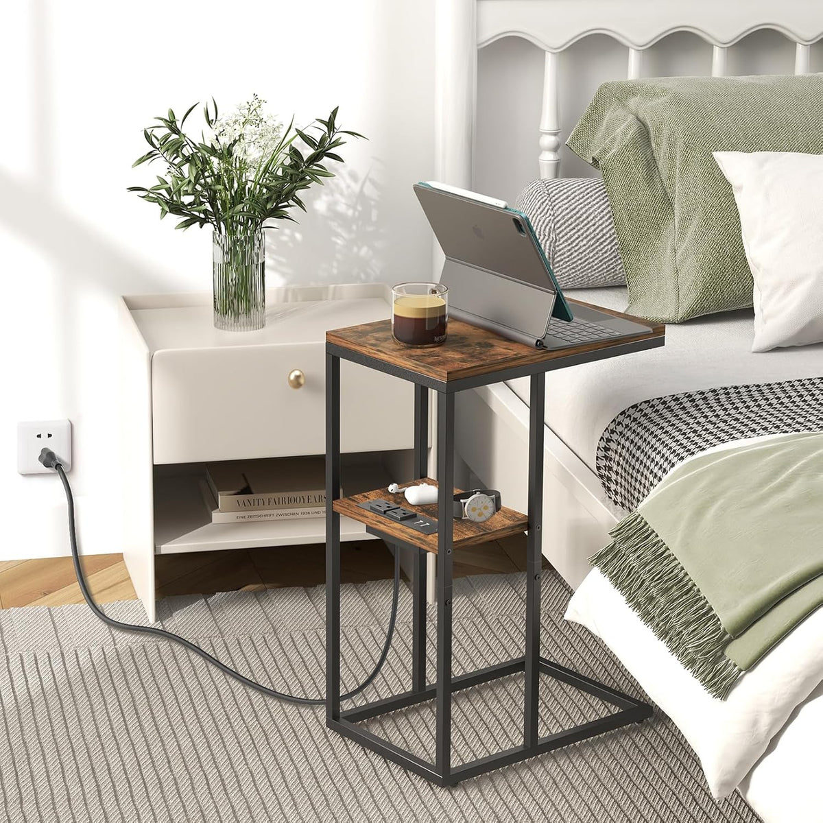 Yoobure C Shaped End Table with Charging Station, Small Side Table for Sofa，26" Tall Tv Tray Couch Table with Storage,Bedside Table with USB Ports