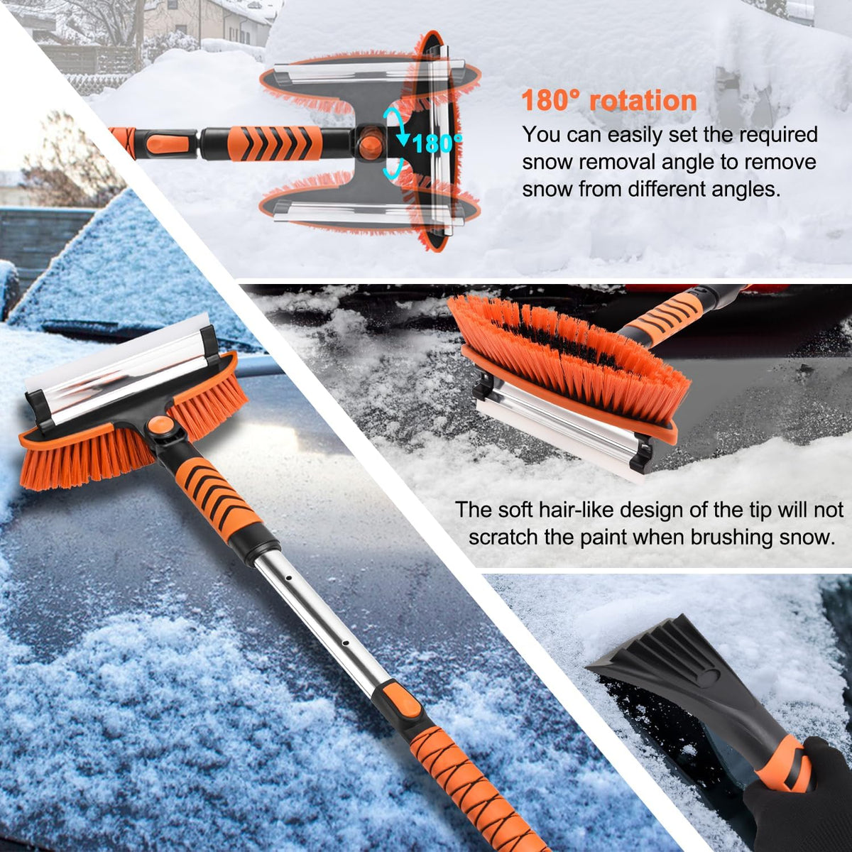 Car Snow Brush Snow Shovel Kit, 42'' Extendable Ice Scrapers and Snow Brushes for Car Windshield with Foam Grip 180° Pivoting Brush Head Snow