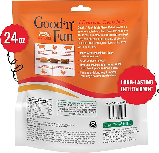 Good ‘n’ Fun Triple Flavor Kabobs Chews for All Dogs, 24 Ounces, Treat Your Dog to Chews Made from Beef Hide, Real Chicken, Pork Hide, Duck and