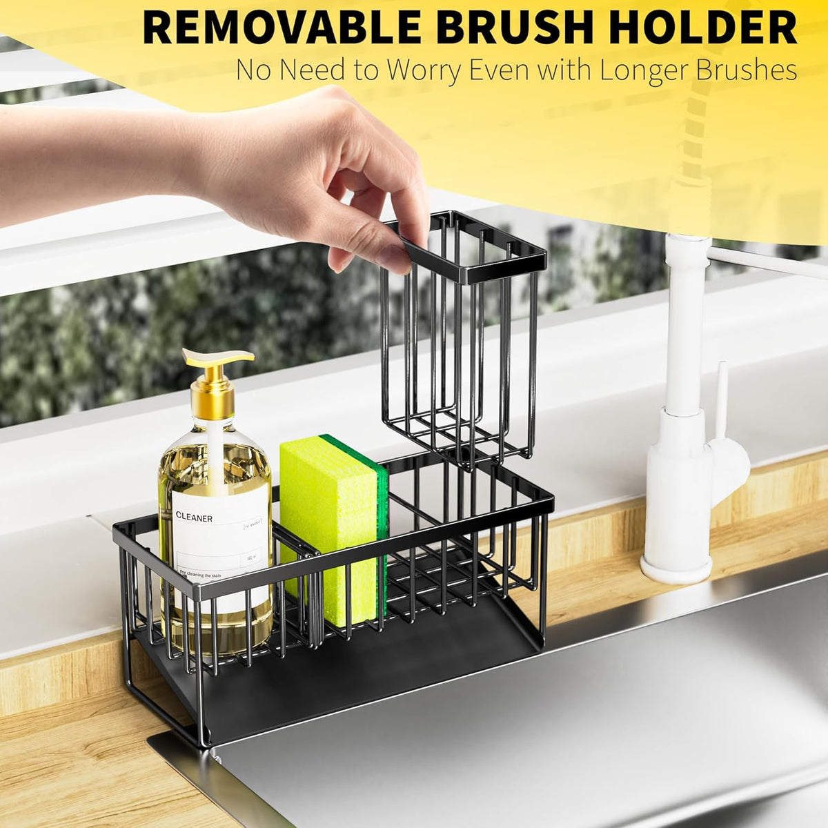 Cisily Kitchen Sink Caddy Organzier with High Brush Holder, Sponge Holder for Sink, 304 Rustproof Stainless, Kitchen Countertop Soap Dispenser