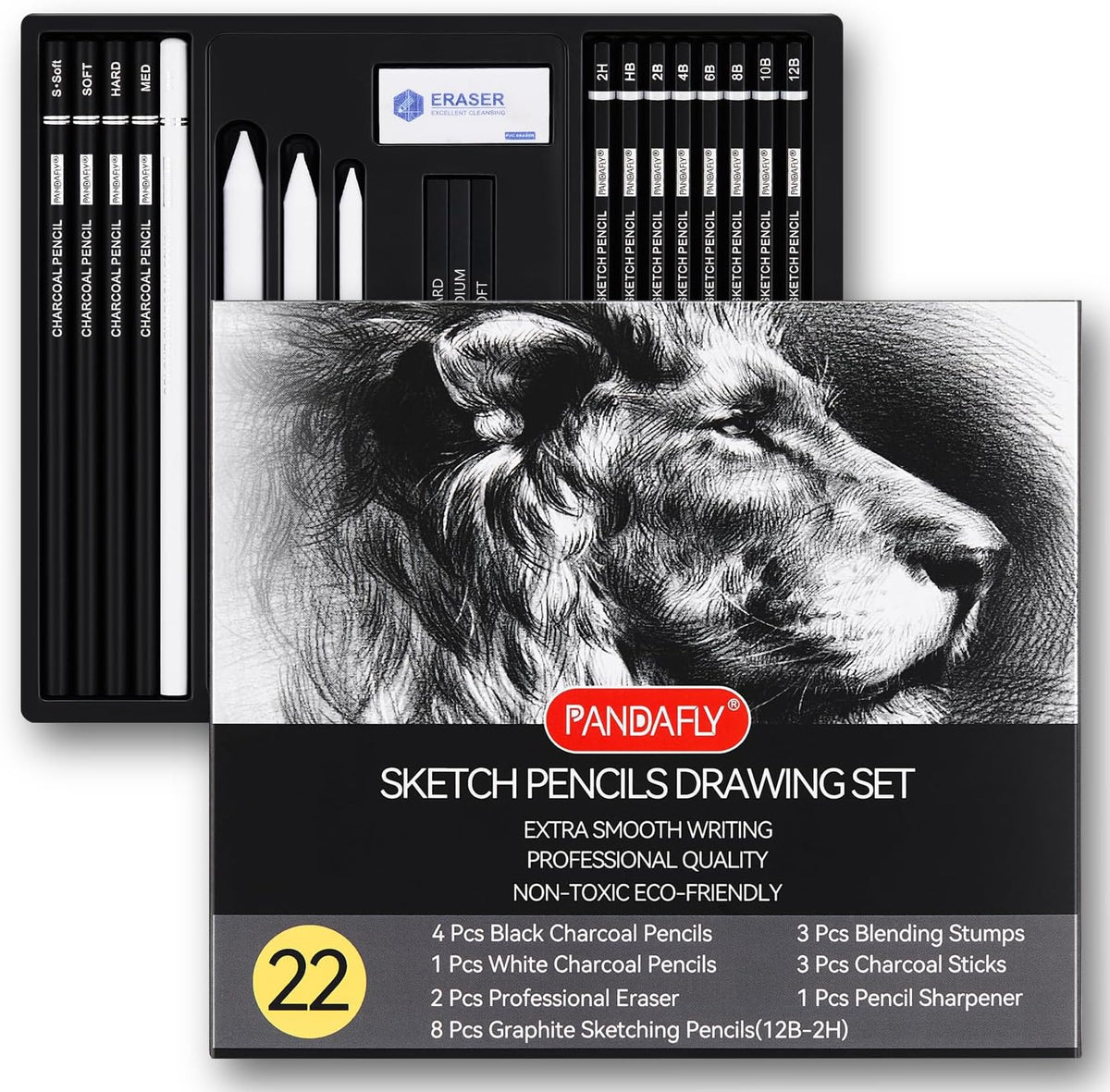PANDAFLY Drawing Sketching Pencil Set, 22 Piece Pro Art Pencil Kit - Graphite Pencils (12B-2H), Black and White Charcoal Pencils, Charcoal Sticks