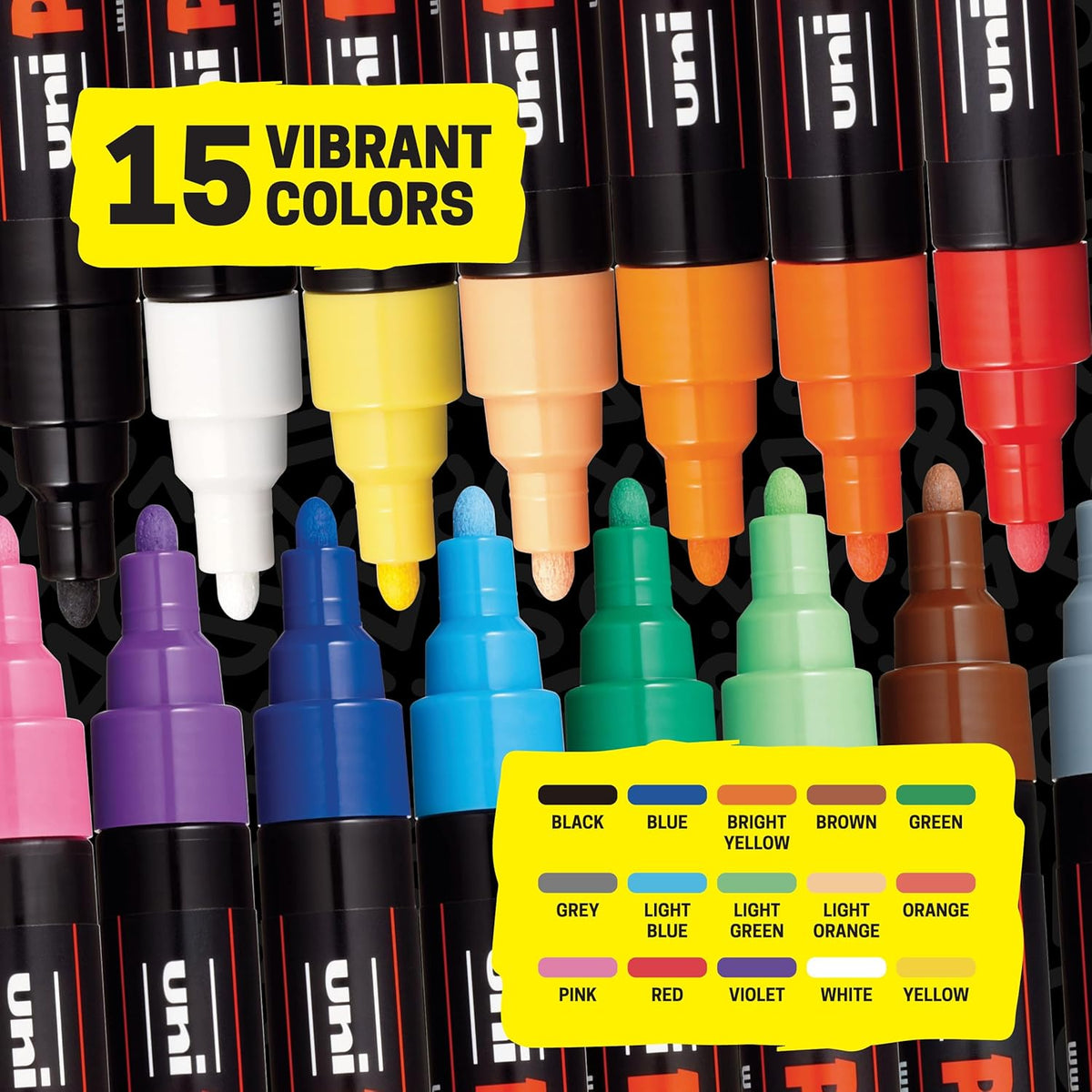 Posca Paint Art Markers, Set of 15 5M Medium Acrylic Markers with Reversible Tips, Artist Recommended Paint Pens for Gifts, Decorations, Fabric