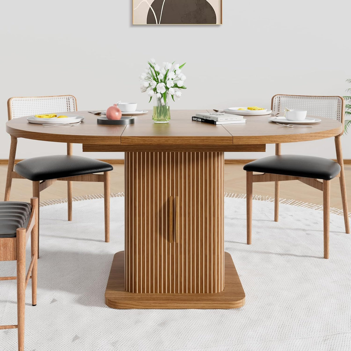 Extendable Round Dining Table for 4-6-8, 59 Inch Dining Room Kitchen Table with Storage, Fluted Wood Slide Door, Modern Oval Circle Dinner Furniture