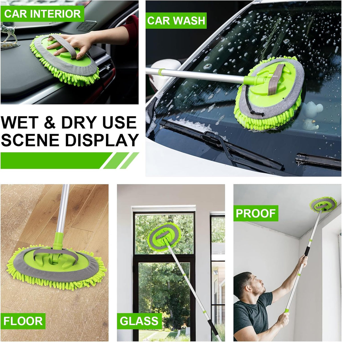 Ordenado 62" Car Wash Brush Kit Mitt Mop Sponge with Long Handle Chenille Microfiber Car Cleaning Brush Kit Supplies Car Washing Mop Kit Car Care Kit