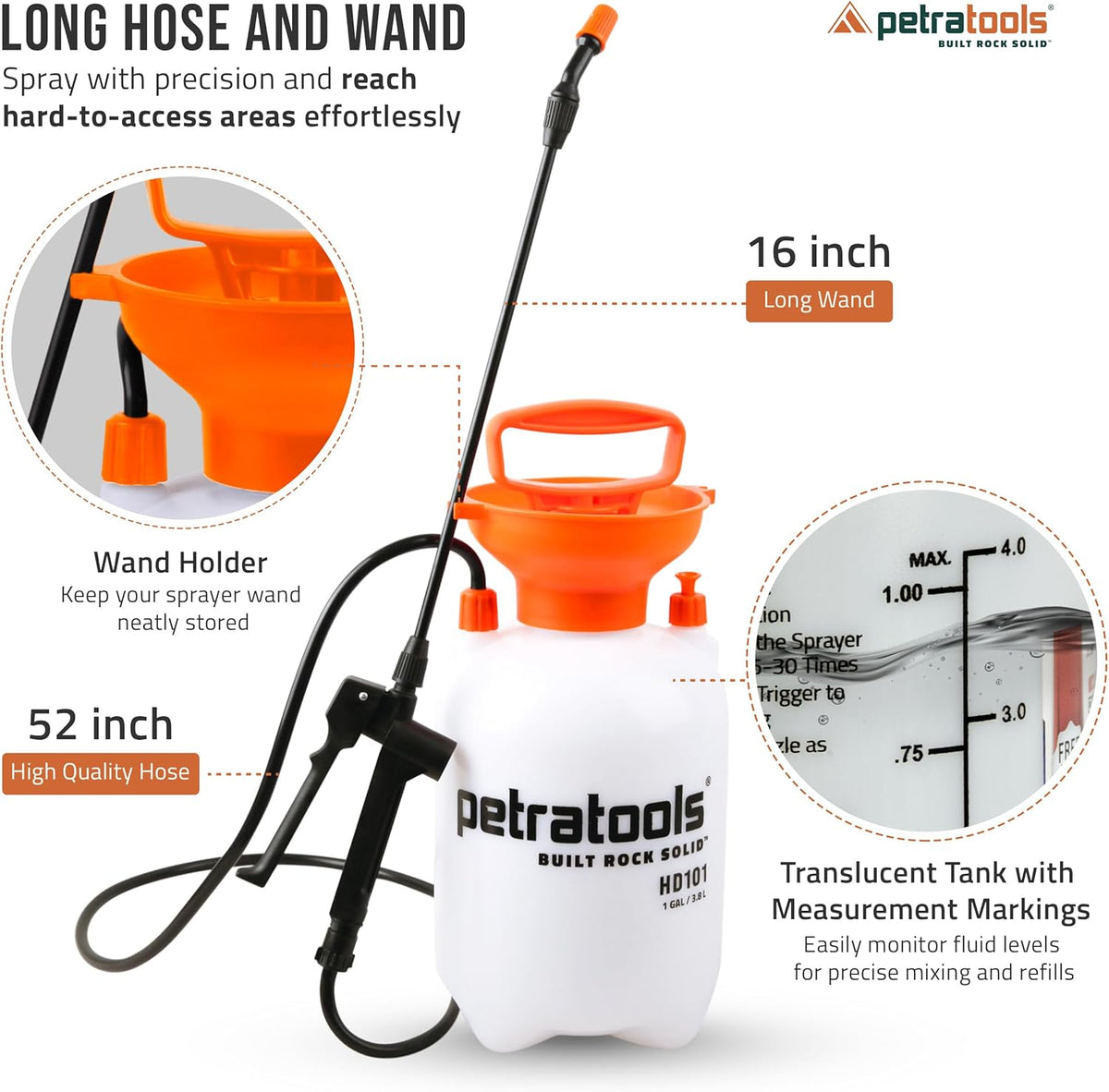 Petratools 1 Gallon Pump Sprayer – HD101 Garden Sprayer for Weeds, Lawn Care & Pesticides – 52” Long Hose, 2 Nozzles & Easy Carry Handle – Durable