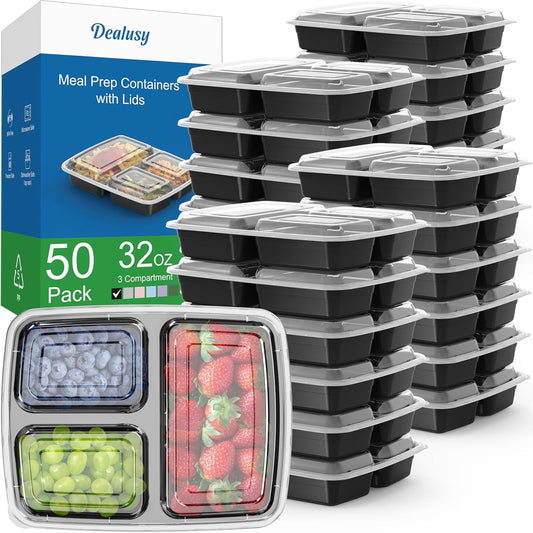 50 Pack (100-Piece) 32 oz Meal Prep Containers Reusable with Lids 3-Compartment, To Go Take Out Plastic Food Storage Containers, Sturdy Leakproof