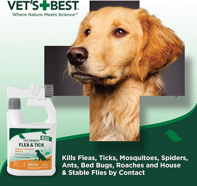 Vet's Best Natural Flea and Tick Yard and Dog Kennel Spray, Plant Safe Tick Spray for Yard with Ready-to-Use Hose Attachment, Mosquito Repellent