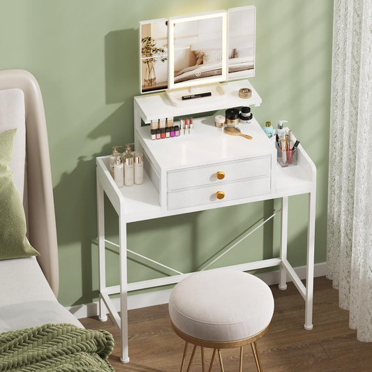 Vanity Desk with Mirror and Lights, 28.4''W Small Makeup Vanity Table with Height-Adjustable Stand, 2 Fabric Drawers Compact Makeup Desk, Gift for