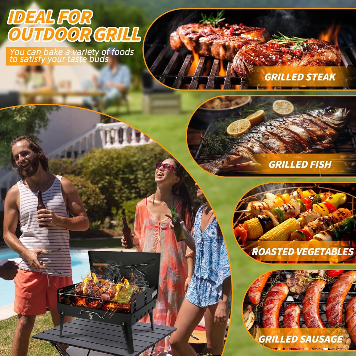 Portable Charcoal Grill Foldable BBQ Grill Kit - Compact Camping Grill for Outdoor BBQ, Cooking, Picnics, Beach, Backyard - Barbecue Accessories with
