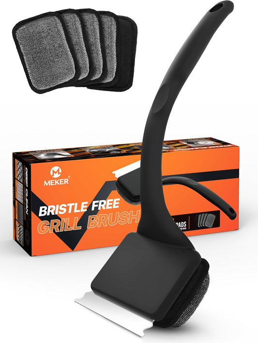 MEKER Grill Brush Bristle Free, Grill Cleaner Brush with 5 BBQ Replacement Head for Cast Iron, Stainless Steel Grates, Safe Grill Scraper Outdoor BBQ