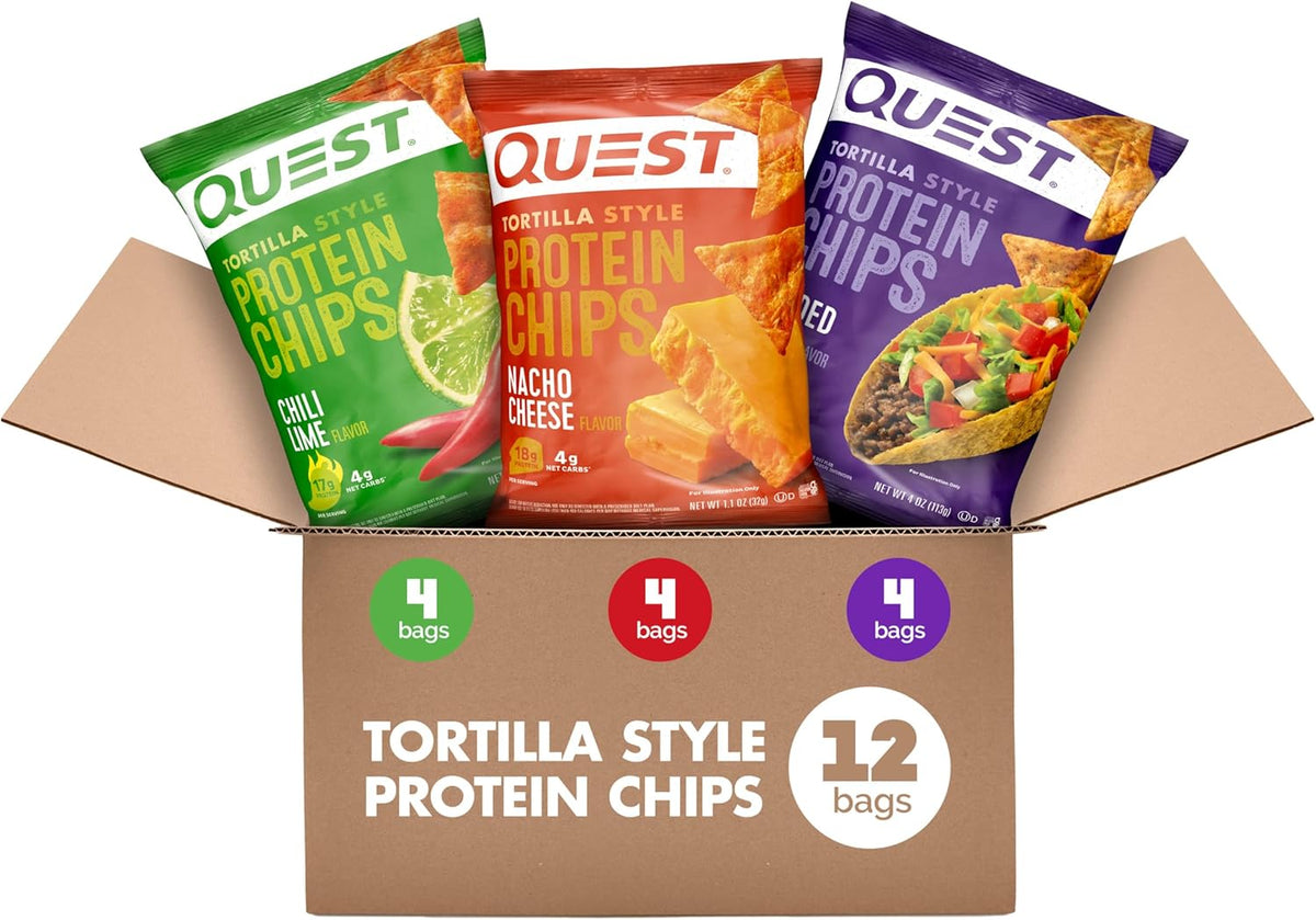 Quest Nutrition Tortilla Style Protein Chips Variety Pack, Chili Lime, Nacho Cheese, Loaded Taco, Low Carb, High Protein, Gluten Free, 1.1 oz (Pack
