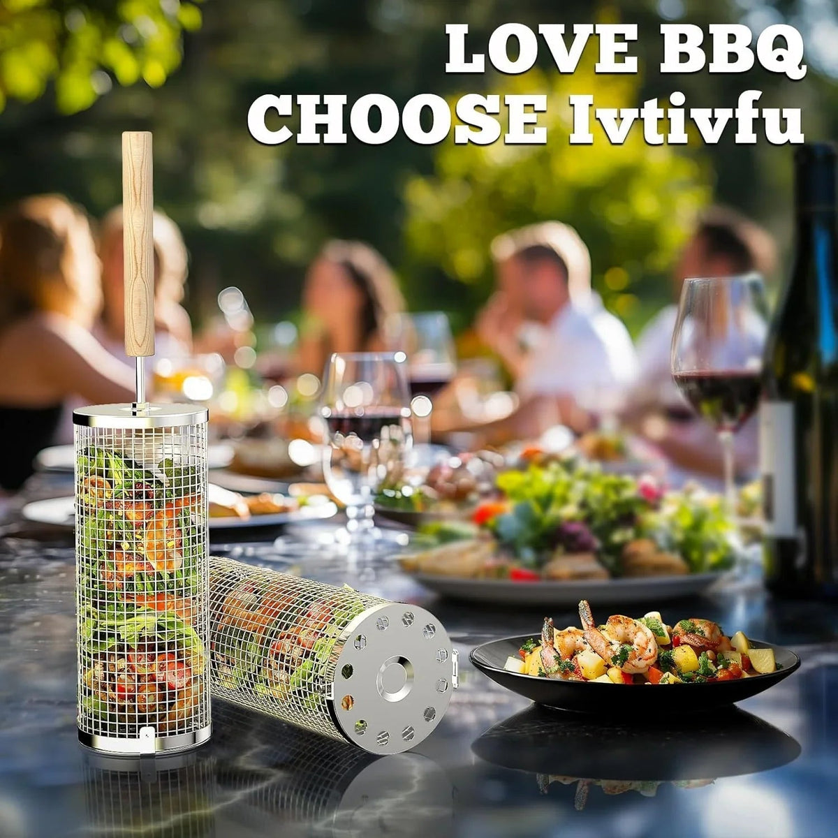 Nesting Grill Baskets (2PCS) with Removable Wooden Handle, Stainless Steel BBQ Tools - Cart Shape