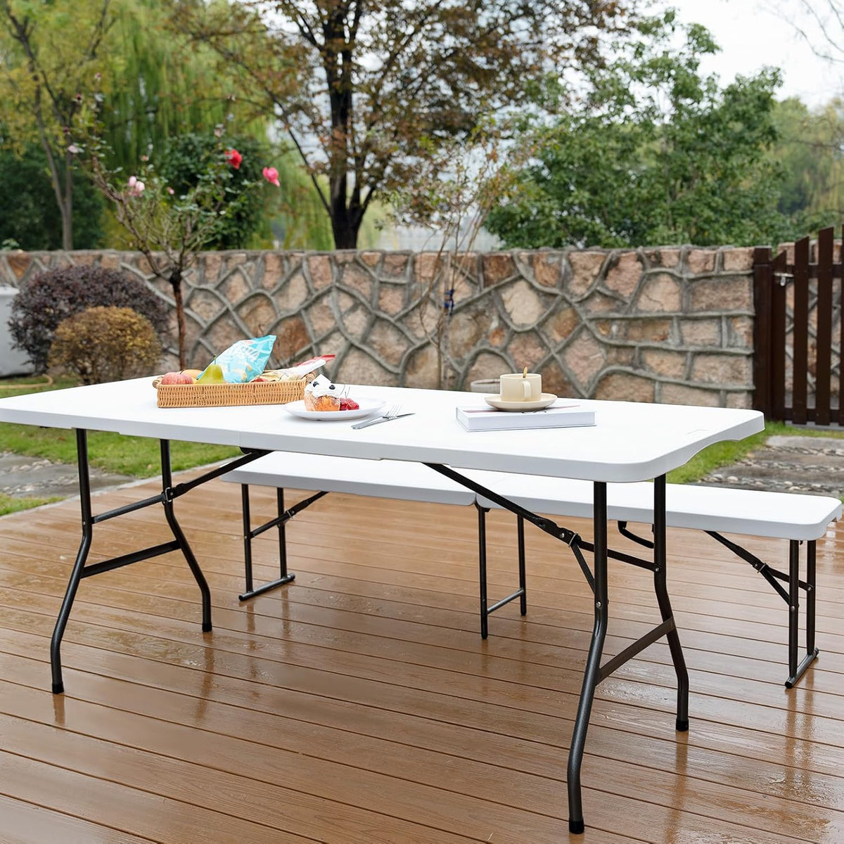 Folding Table 6FT HDPE 6 Foot Foldable Table Portable Banquet Surface Fold-in-Half Desk Utility for Working Meeting Parties, Picnic, Camping