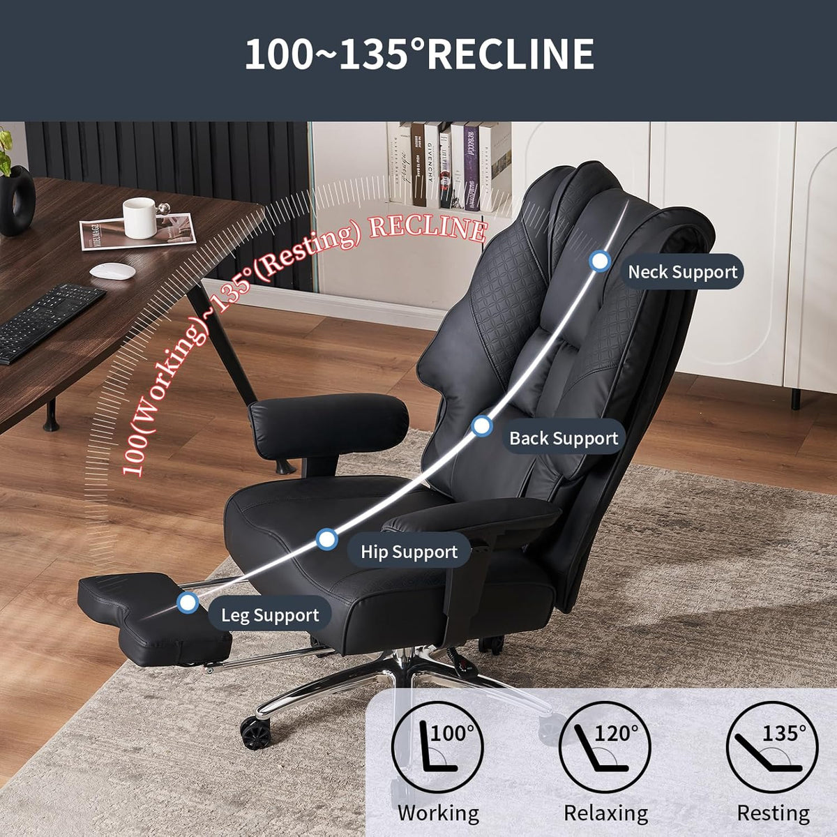 Big and Tall Office Chair 400lbs Wide Seat, Leather High Back Executive Office Chair with Foot Rest, Ergonomic Chairs Lumbar Support for Lower Back