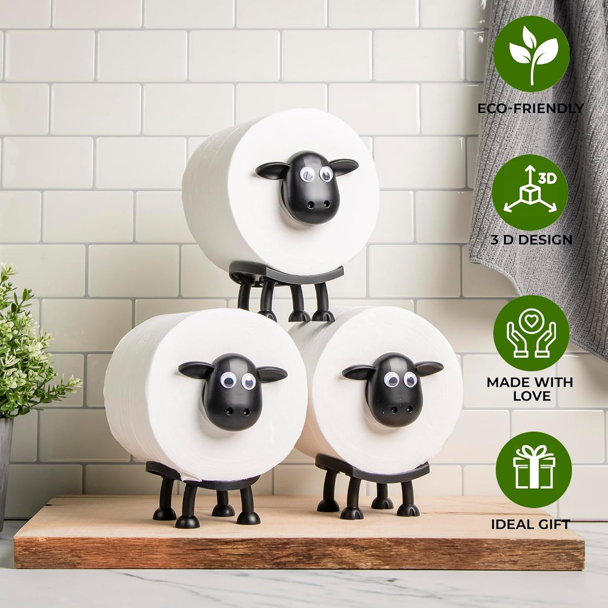 VELENTI Sheep Toilet Roll Holder, Free Standing Bathroom Set, 3D Printed, Funny Hilarious Black Sheep Loo Roll Holder, Tissue Paper Storage, Cute