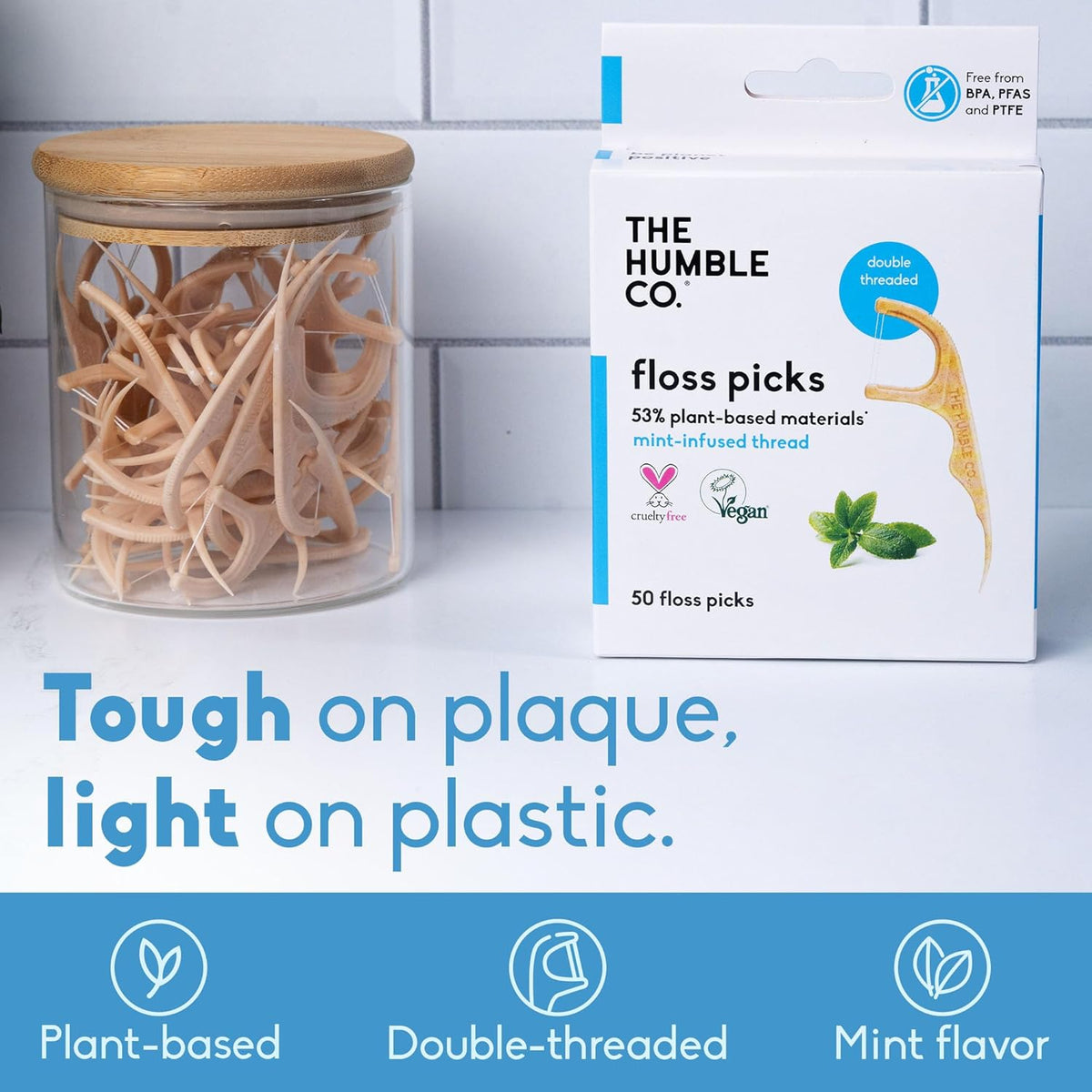 The Humble Co Dental Floss Picks for Teeth, 200 Count (Mint) - Double Thread Tooth Picks Flossers for Adults Gum Health - Toothpick Floss for