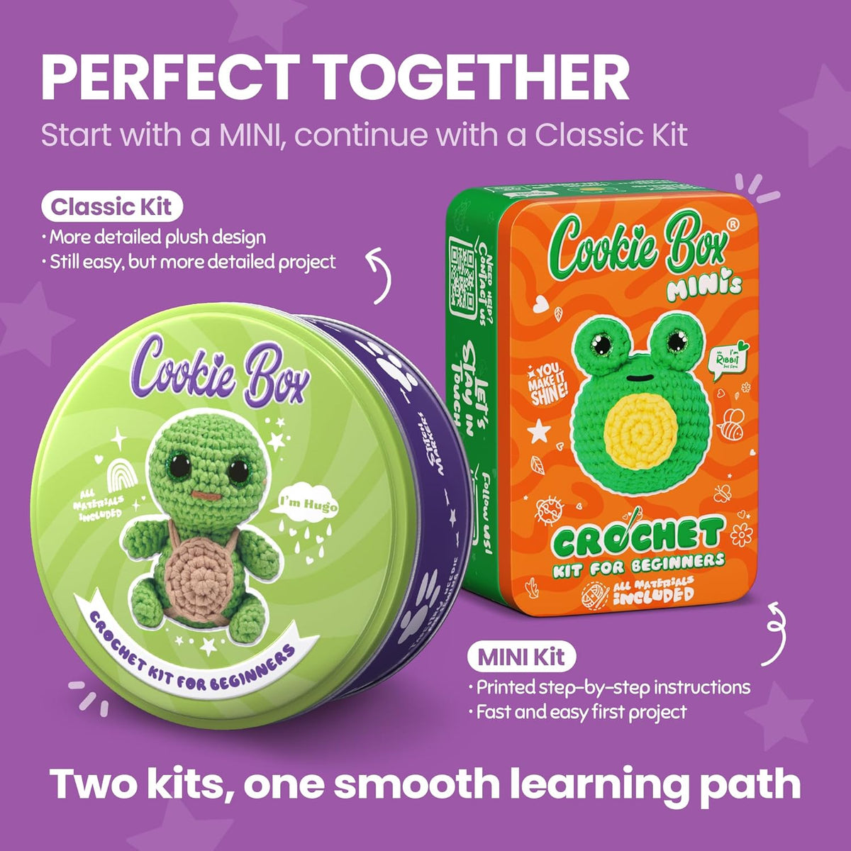 Cookie Box Crochet Kit for Beginners – Gift Set to Make Turtle Hugo Amigurumi Plushie – Easy DIY Crochet & Knitting Starter Kit with Video and PDF