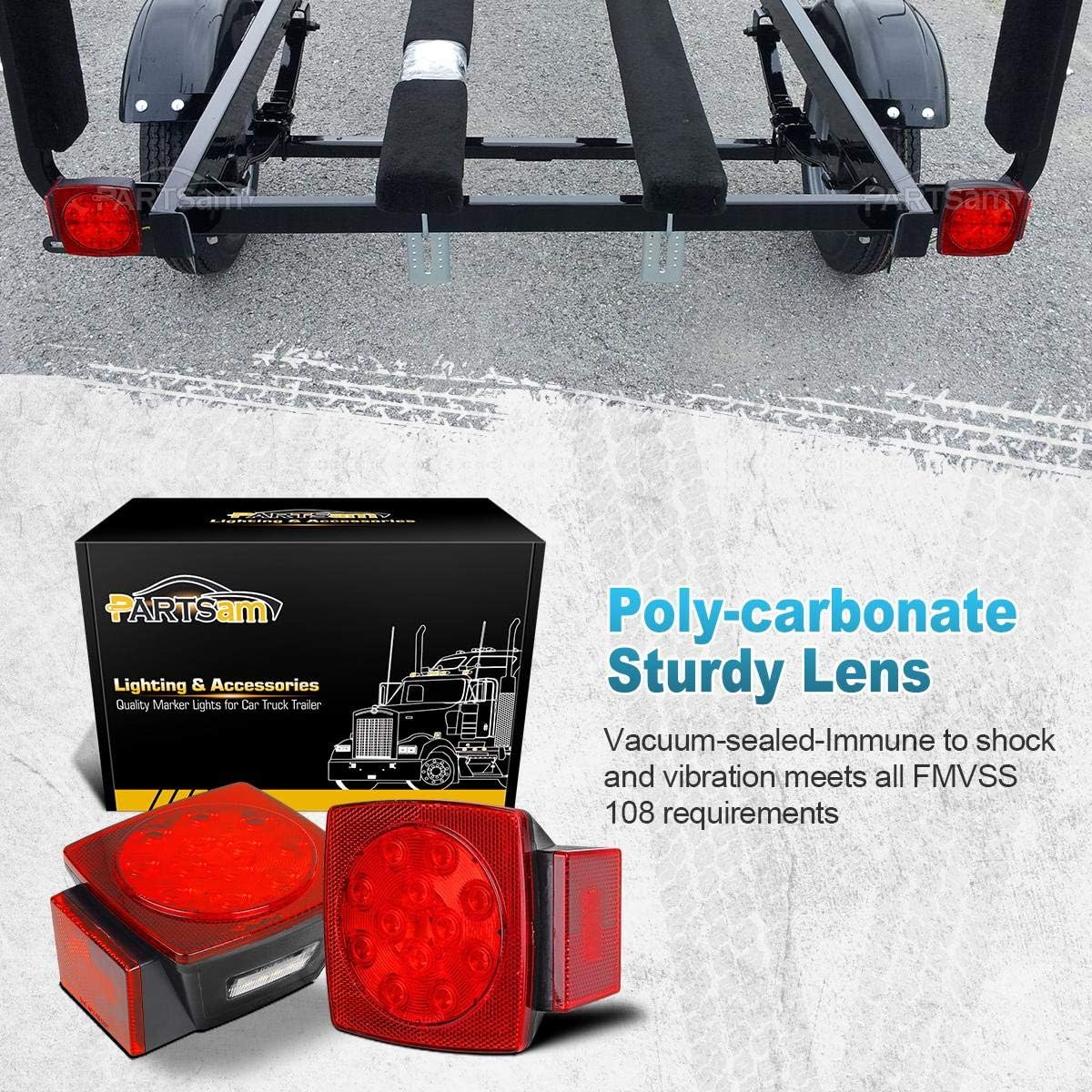 Partsam 12V Submersible Square Led Trailer Light,Red White LED Stop Turn Tail License Brake Running Light Lamp for Trailers Under 80" Boat Trailer