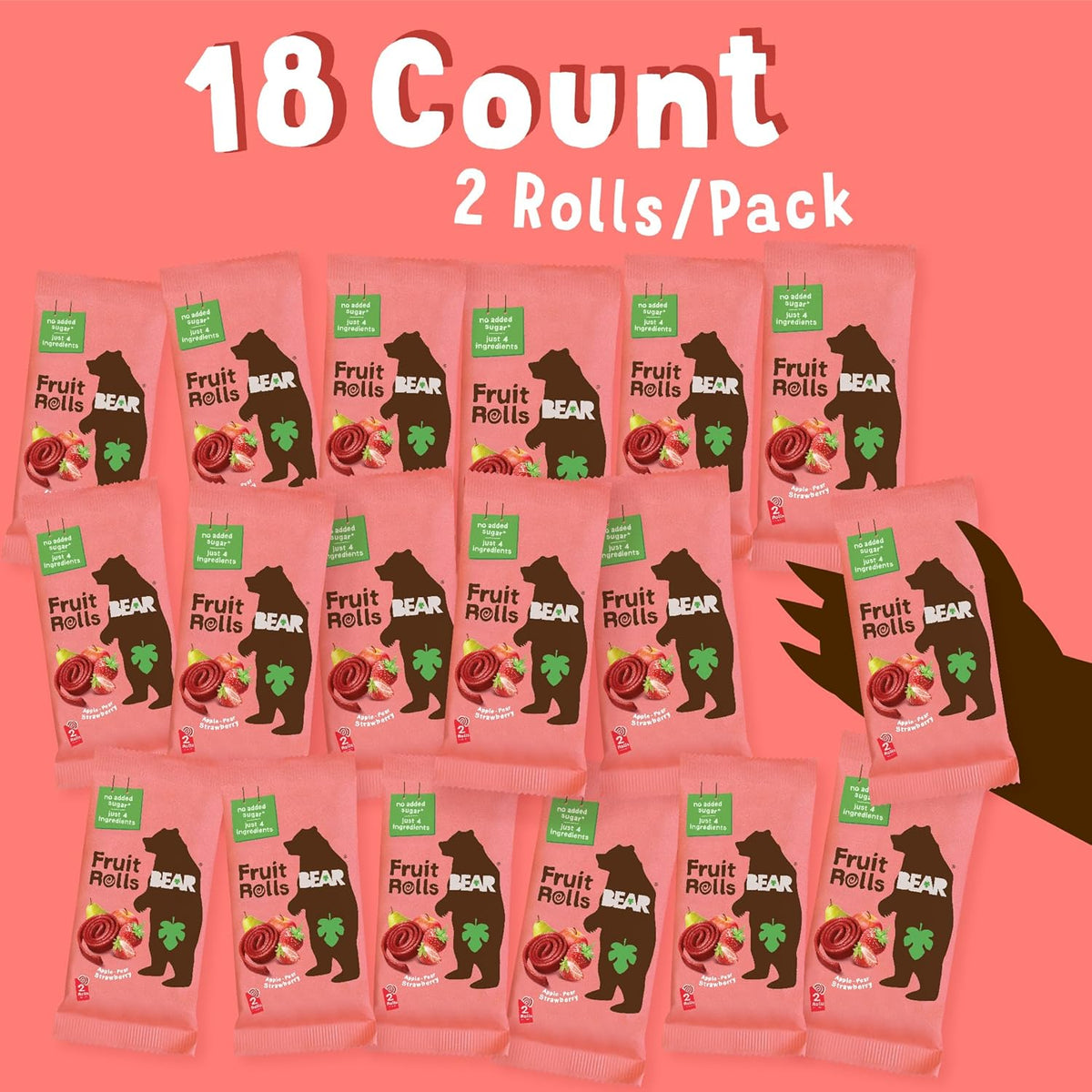 BEAR Real Fruit Snack Rolls - Gluten Free, Vegan, and Non-GMO - Strawberry – 36 Rolls, Healthy School And Lunch Snacks For Kids And Adults, 0.7 Ounce