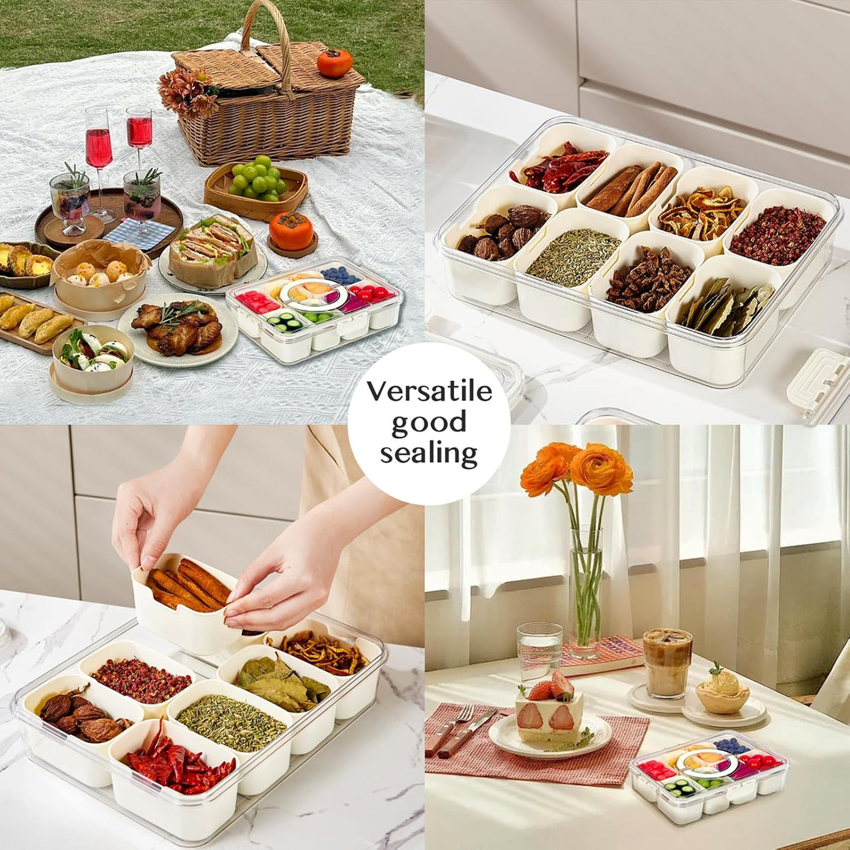 Snackle Box Container,Portable Snack Box 8 Compartment Divided Serving Tray with Lid and Handle,Clear Storage Organizer for Fruit Candy Nuts