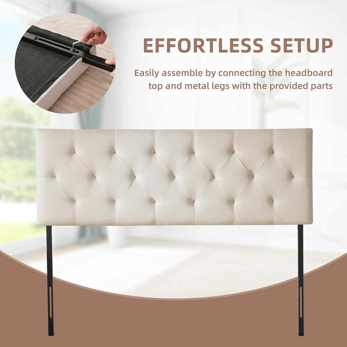 Linen Fabric Upholstered Headboard Queen Size, Modern Diamond Tufting Solid Wood Queen Headboard Only, Adjustable Height from 37” to 51” Head Board