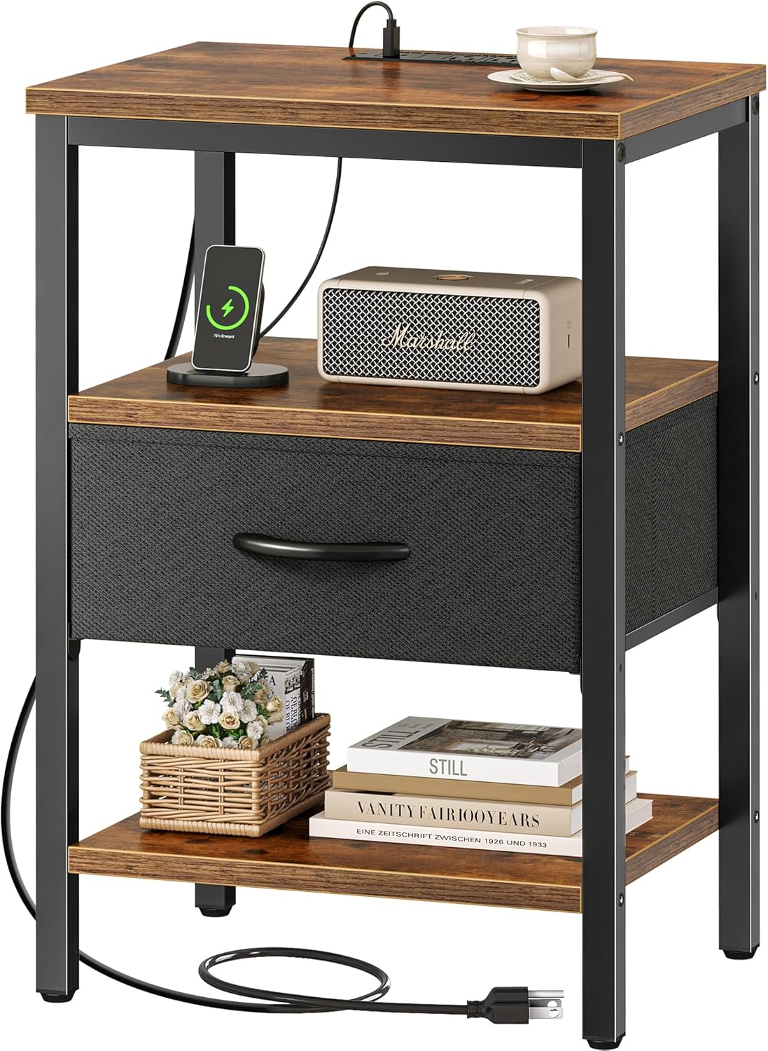 SUPERJARE Nightstand with Charging Station, Bed Side Table with Adjustable Fabric Drawer, Night Stand for Bedroom, 3-Tier Storage End Table