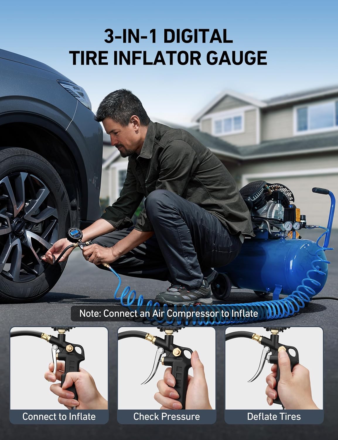 AstroAI Digital Tire Pressure Gauge with Inflator, 3-250 PSI Air Chuck & Compressor Accessories Heavy Duty with Quick Connect Coupler, 0.1 Display