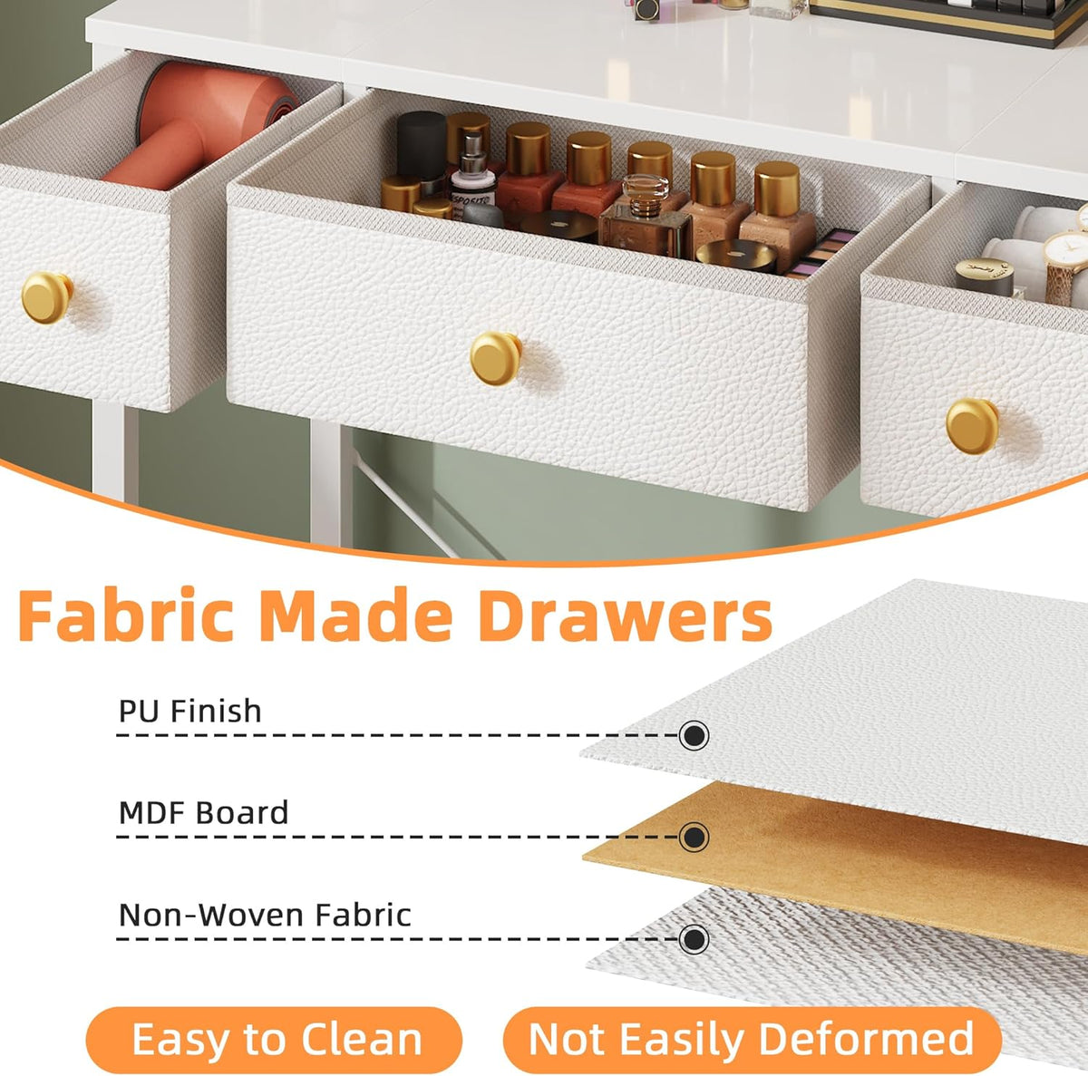 Small Makeup Vanity Desk 27.5''W with Mirror and Lights, Vanity Desk with 3 Fabric Drawers and Height-Adjustable Stand, Vanity Table for Girls Gifts