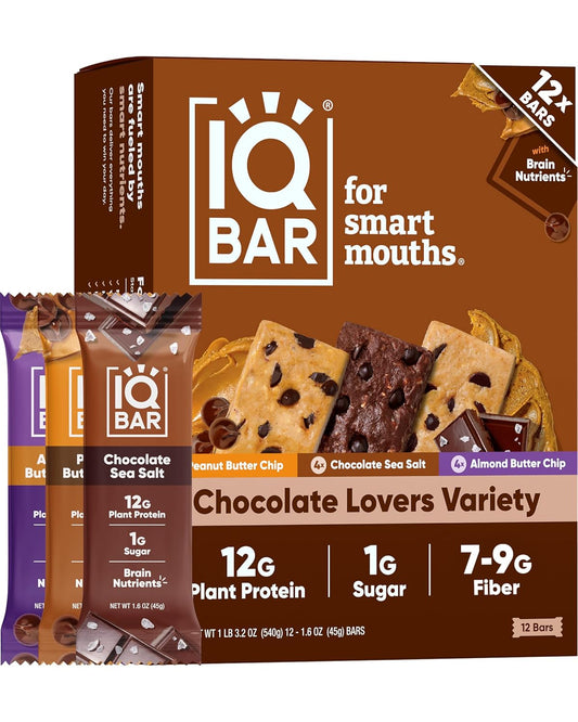 IQBAR Brain and Body Plant Protein Bars - Chocolate Lovers Variety - 12-Count - Keto, Vegan, High Fiber, Gluten Free, Dairy Free, Low Sugar Snack