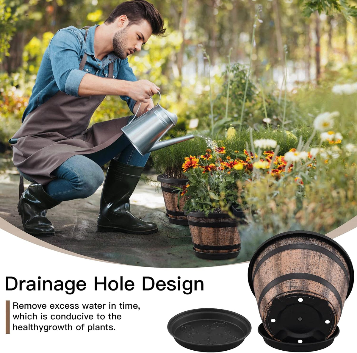 Quarut 3 Pack 10 inch Plant Pots,Whiskey Barrel Planters with Drainage Holes & Saucer, Plastic Decoration Flower Pots Imitation Wine Barrel Design