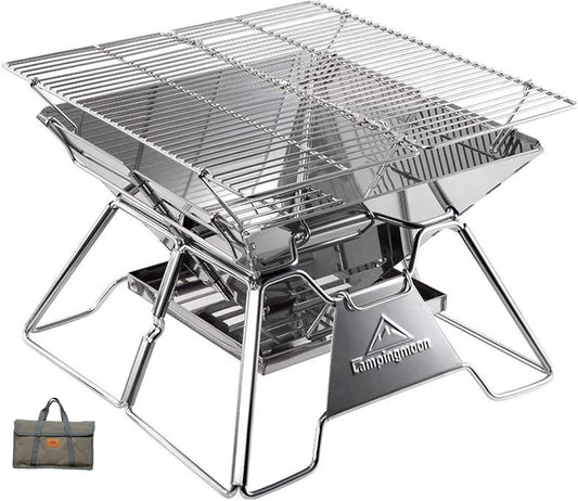 CAMPINGMOON Portable Stainless Steel Campfire Fire Pit Foldable Wood Burning Charcoal Grill for Camping Stove, Outdoor Cooking, Folding BBQ Grill