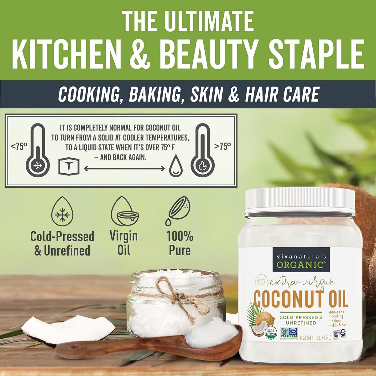 Viva Naturals Organic Coconut Oil, 54 fl oz – Unrefined, Cold-Pressed Extra Virgin Coconut Oil, USDA Organic & Non-GMO, Natural Cooking Oil, Hair Oil