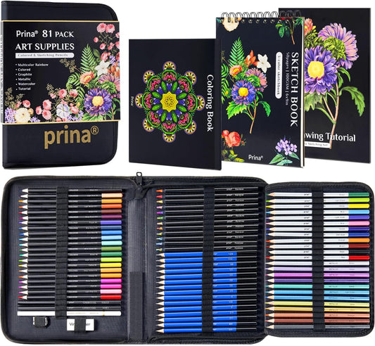 PRINA 81 Drawing Set Sketching Kit, Pro Sketch Pencils Art Supplies with Rainbow, Colored, Graphite, Watercolor, Metallic, Charcoal Pencil