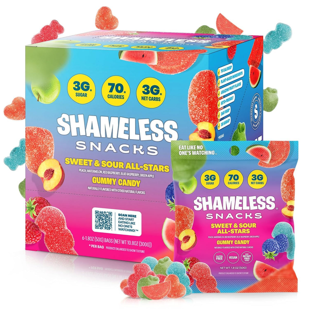 Shameless Snacks Sweet & Sour All-Stars, Sour Gummy Candy Variety Pack, Healthy, Vegan, Gluten-Free, Low Sugar, Fruit Snacks, Red Raspberry