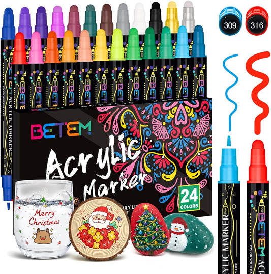 Betem 24 Colors Dual Tip Acrylic Paint Pens Markers, Premium Acrylic Paint Markers Stocking Stuffers for Rock, Wood, Fabric, Glass, Canvas, Ceramic