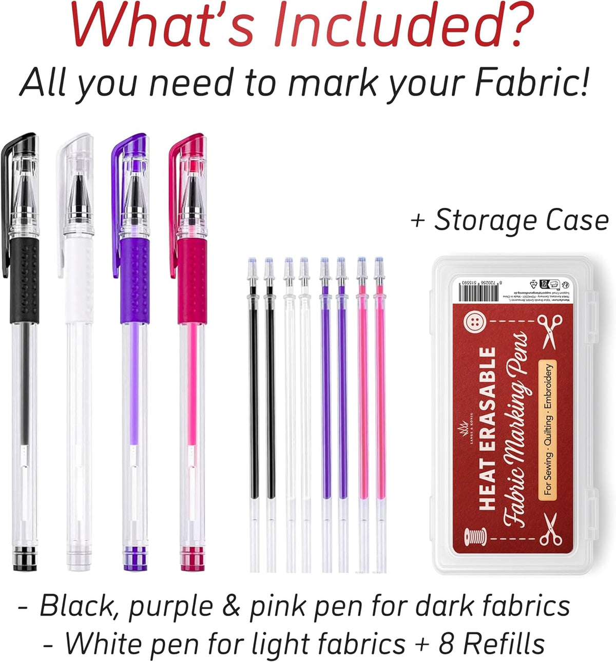 Lange & König Heat Erasable Fabric Marking Pens for Sewing - 4 Pens + 8 Refills - Sewing Supplies Quilting Supplies Sewing Accessories Embroidery