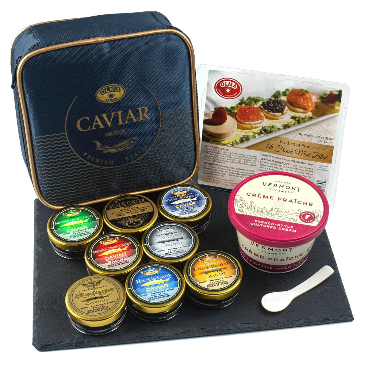 OLMA Caviar Taster Gift Set - 4 oz (112g) of Caviar, Includes 8 Varieties of Caviar Fish Roe (Beluga Hybrid, Osetra, Kaluga Royal, Hackleback