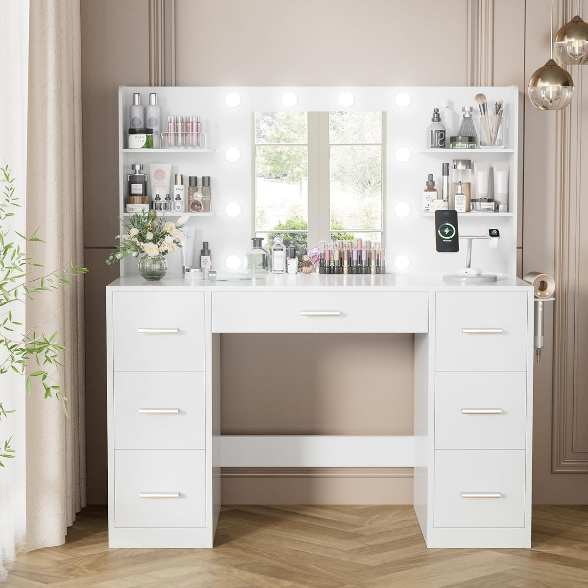 YESHOMY Vanity Desk with Mirror, Power Outlet and 10 Lights, Makeup Table with 7 Drawers, 3 Color Modes Available for Bedroom, White