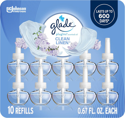 Glade PlugIns Refills Air Freshener, Scented and Essential Oils for Home and Bathroom, Clean Linen, 6.7 Fl Oz, 10 Count (Packaging May Vary)