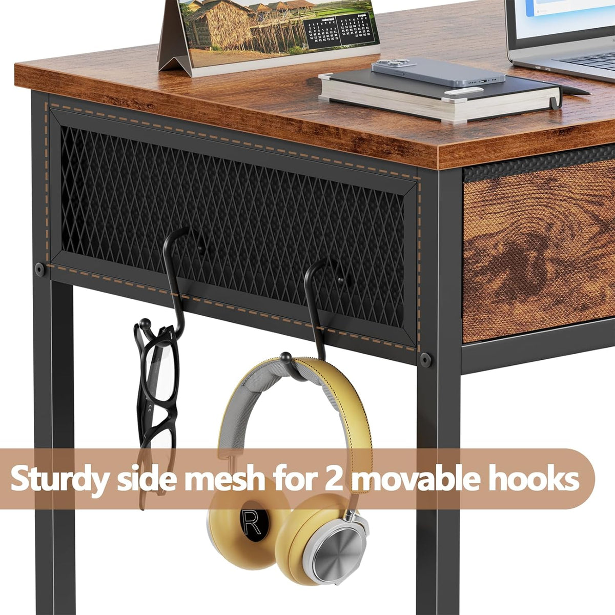 Furologee Small Computer Desk with 2 Fabric Drawers for Bedroom,34 Inch Home Office Writing Desk, Vanity Desk with Hooks, Simple Study Desk for Small