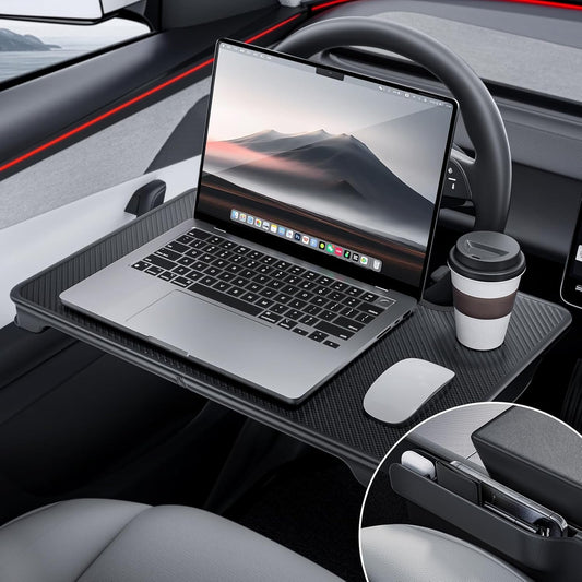 YONZEE 2-in-1 Car Steering Wheel Desk Tray & Car Seat Gap Filler Organizer – Foldable Carbon Fiber Look Table for Laptop, Eating Food, Writing