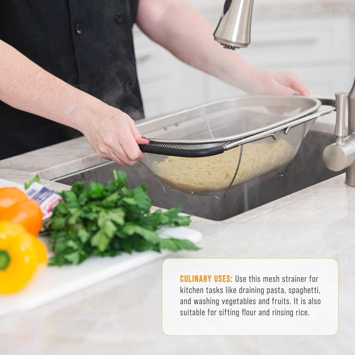 U.S. Kitchen Supply Stainless Steel Colander Strainer - 6-Quart Collapsible Colander with Expandable Rubber Handles - Rectangular Sieve, Fine Mesh