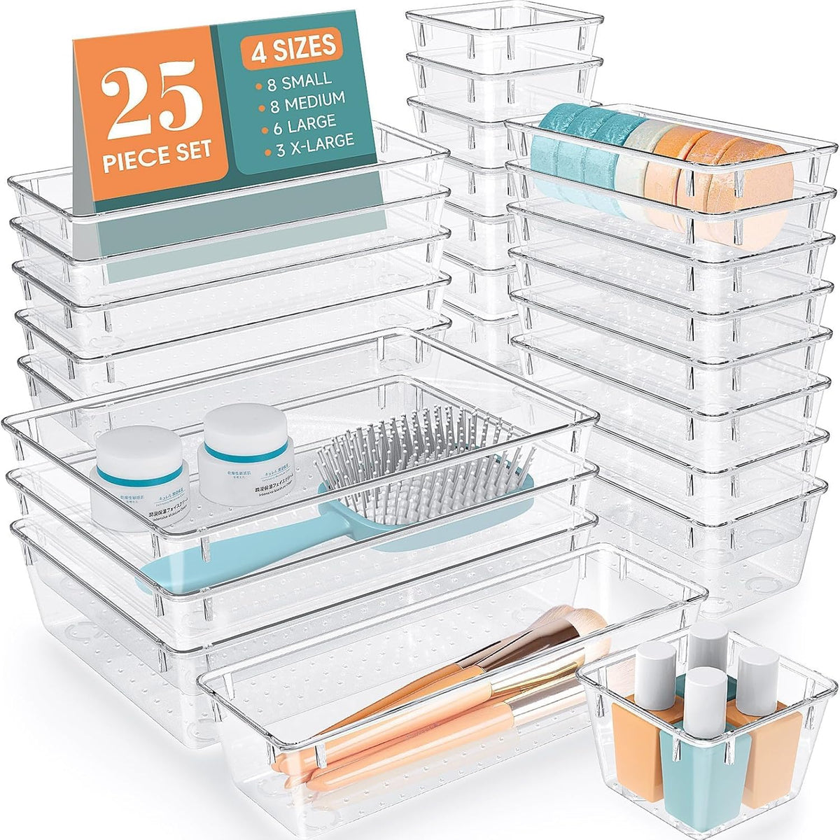 WOWBOX 25 PCS Clear Plastic Drawer Organizer Set, 4 Sizes Desk Drawer Divider Organizers and Storage Bins for Makeup, Jewelry, Gadgets for Kitchen