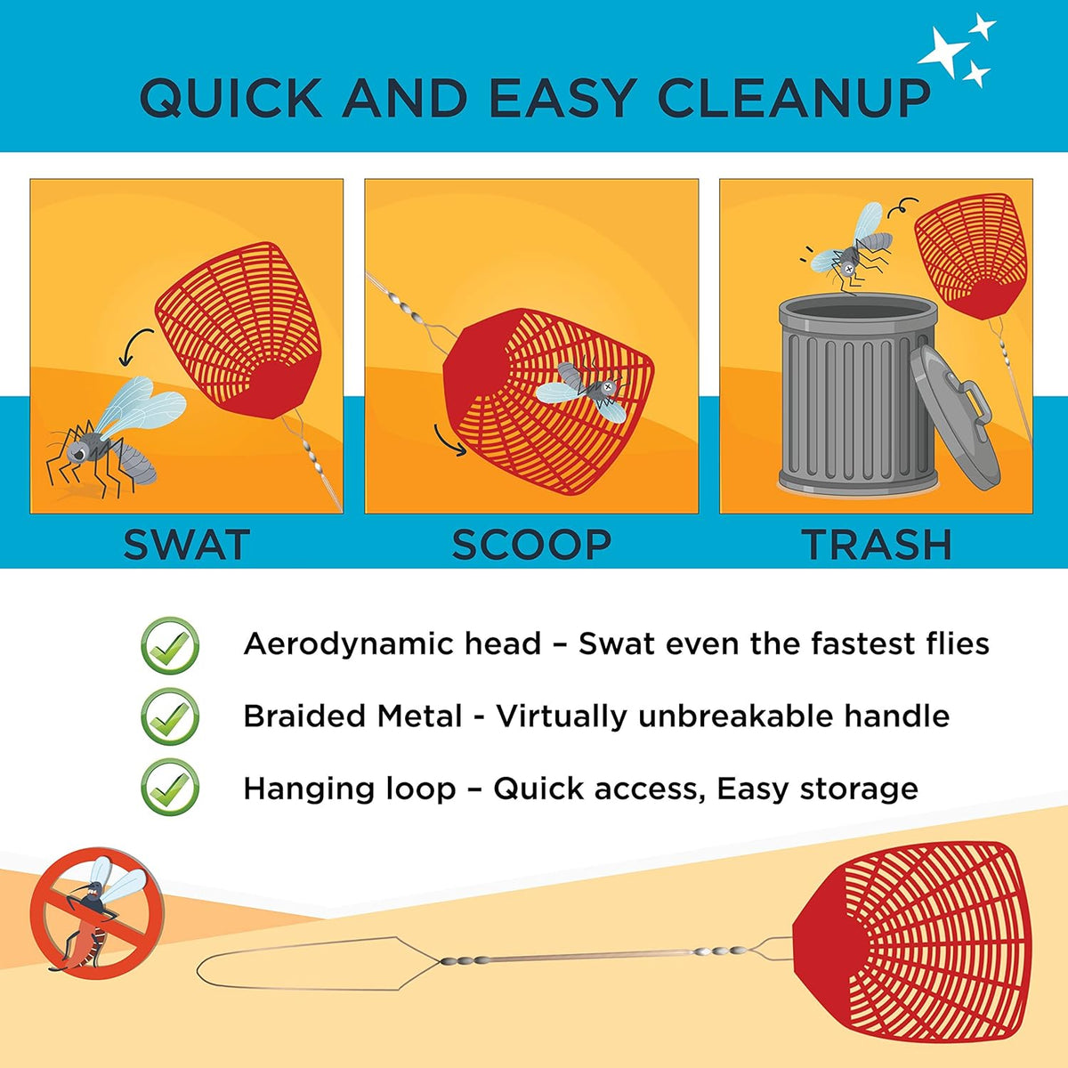 W4W, Bug & Fly Swatter Braided Metal Handle 6 Pack Fly Swatters Indoor/Outdoor flyswatter